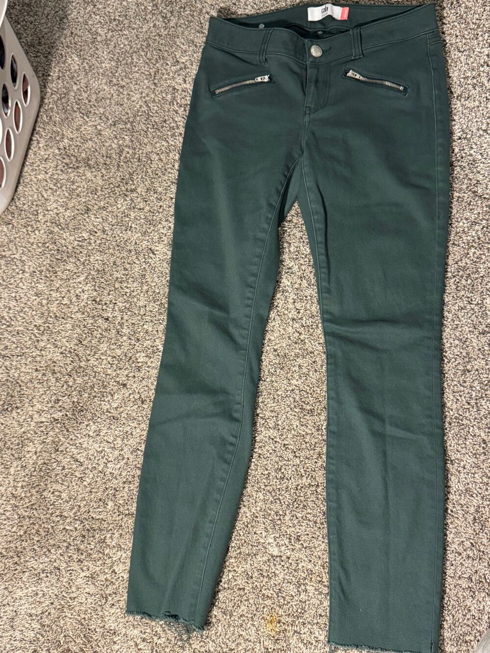 Cabi Jeans Forest Green Zip Pocket Skinny Pants Raw Hem Sz 2
